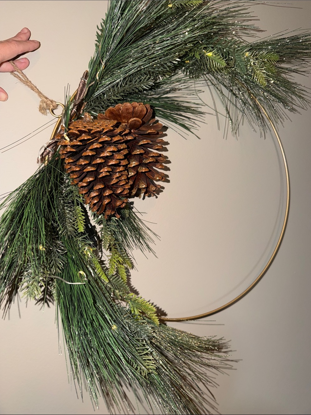 Target Gold Hoop Wreath with Greenery and Brown Pinecone